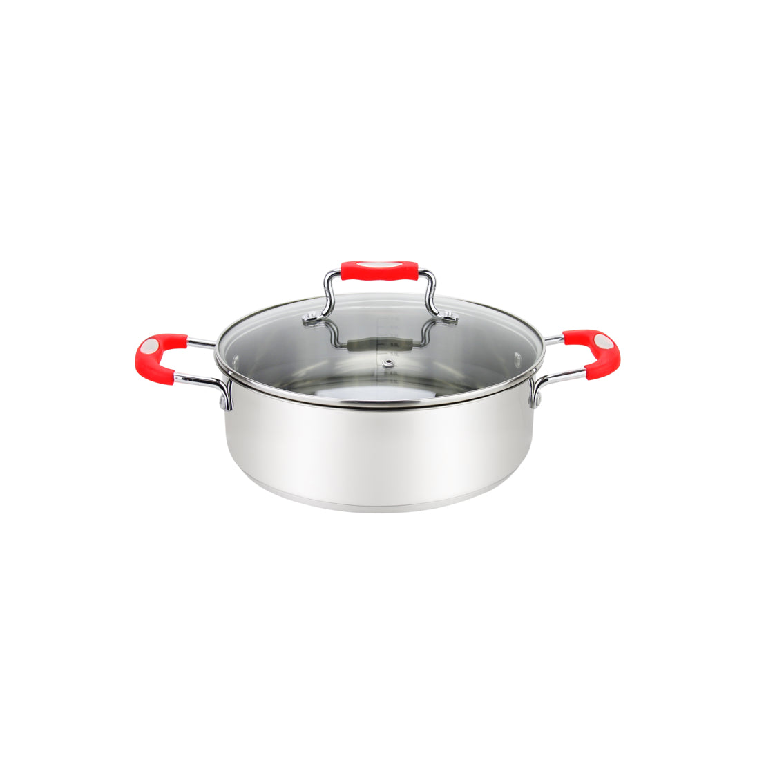Millvado - Urban, Low Casserole with Glass Lid, Silicone Handles, 18/10 SS, Red, 5 qt