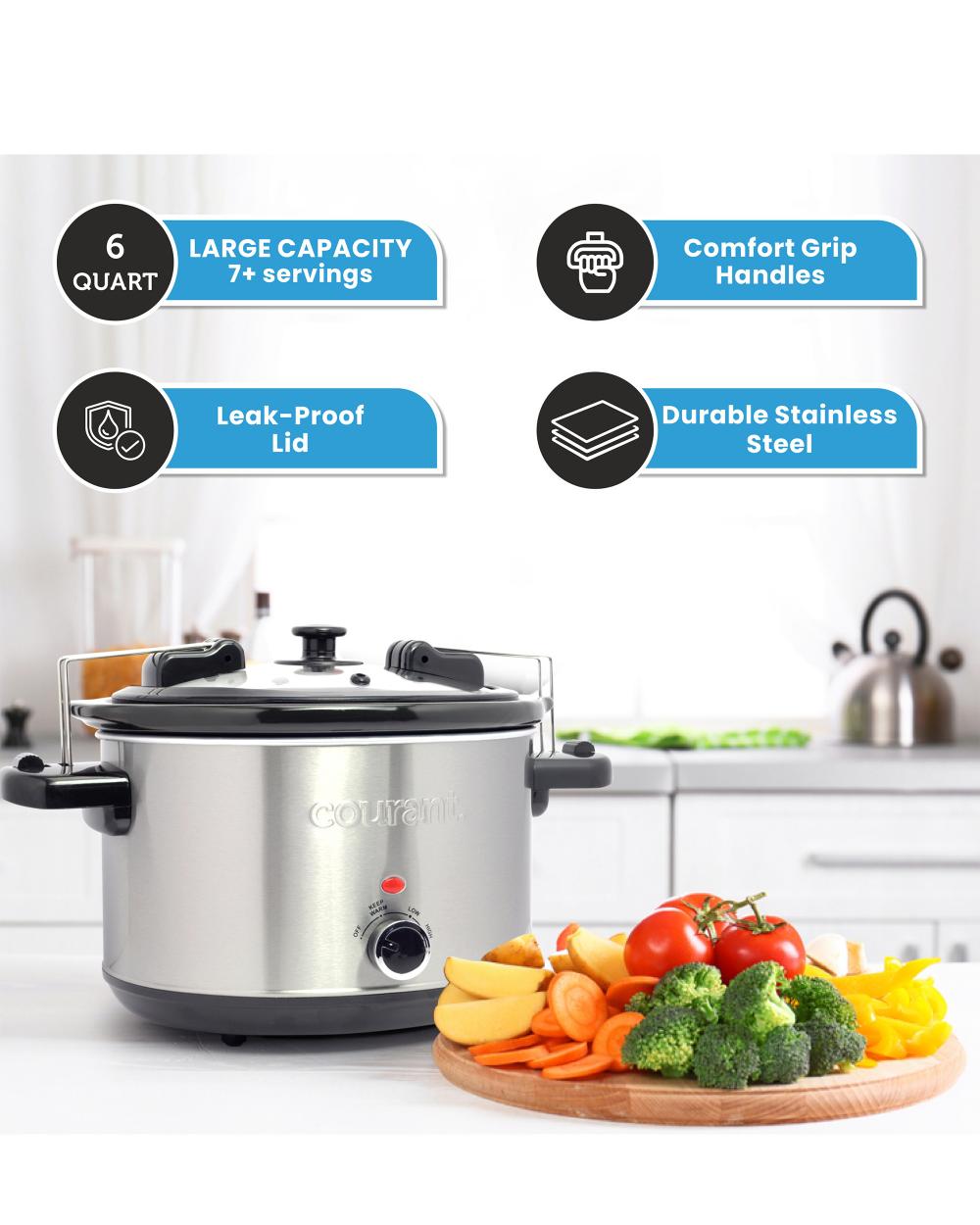 6 Quart Oval Slow Cooker with Locking Lid - Stainless Steel