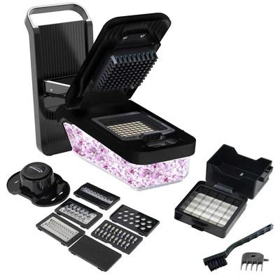 All-in-One Food & Vegetable Chopper, Mandoline Slicer, and Cheese Grater with 4.25-Cup Storage Container and 8 Interchangeable Stainless Steel Blades, Black