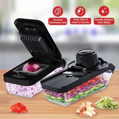 All-in-One Food & Vegetable Chopper, Mandoline Slicer, and Cheese Grater with 4.25-Cup Storage Container and 8 Interchangeable Stainless Steel Blades, Black