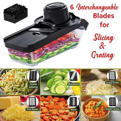 All-in-One Food & Vegetable Chopper, Mandoline Slicer, and Cheese Grater with 4.25-Cup Storage Container and 8 Interchangeable Stainless Steel Blades, Black